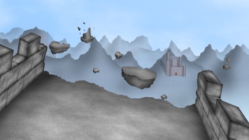A gray landscape with floating ruins all around, a castle far away and mountains in the background